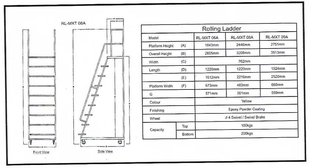 Rolling Ladder RLMXT 08A Platform Height (A) 2446mm from